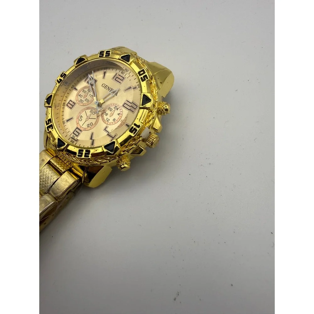 Geneva Mens Gold Tone Chronograph Style Watch Textured Link Bracelet Round Face